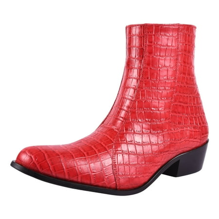 

LIBERTYZENO Mens Chelsea Side Zipper Ankle Boots Genuine Leather Cuban Heel Formal Dress Shoes Red 9