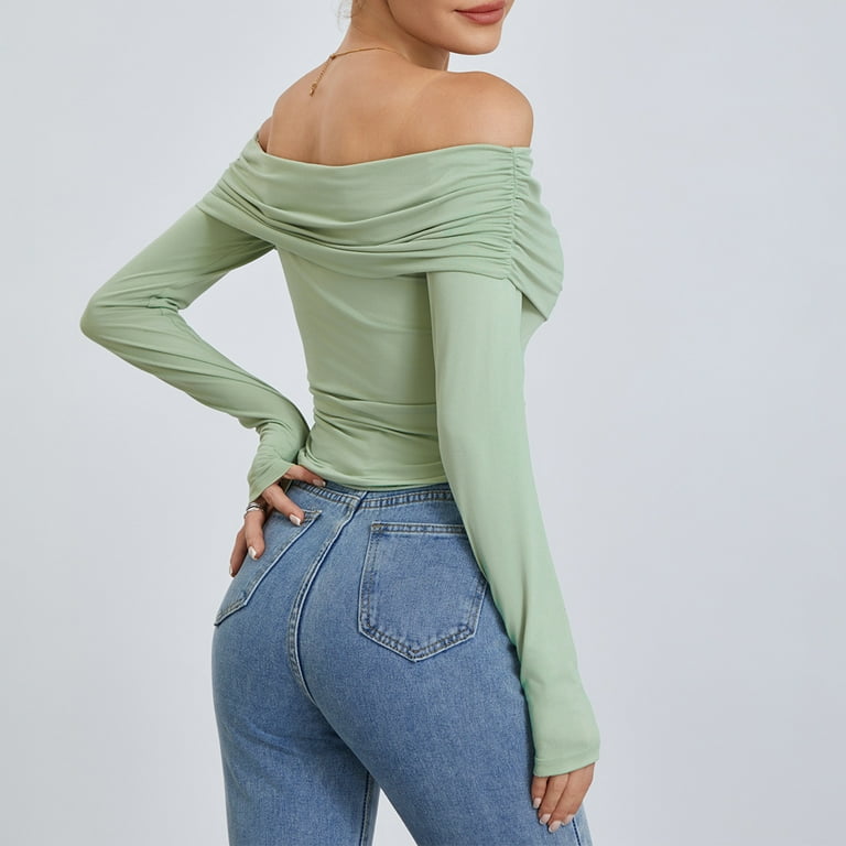 Shoulder Long Sleeve Crop Top Green Off The Shoulder Shirt