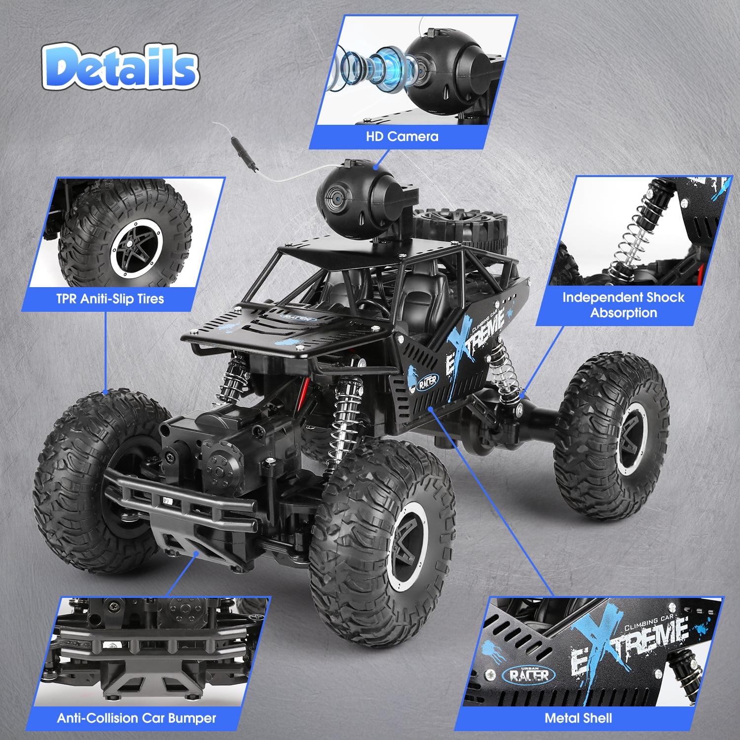 Flooyes RC Car, 1:16 Remote Control Car with Camera, 20MPH High Speed Alloy Off Road Truck, 2.4GHz Fast Racing Vehicle Electric Hobby Toy Car Gift for Boys Kids Teens Adults