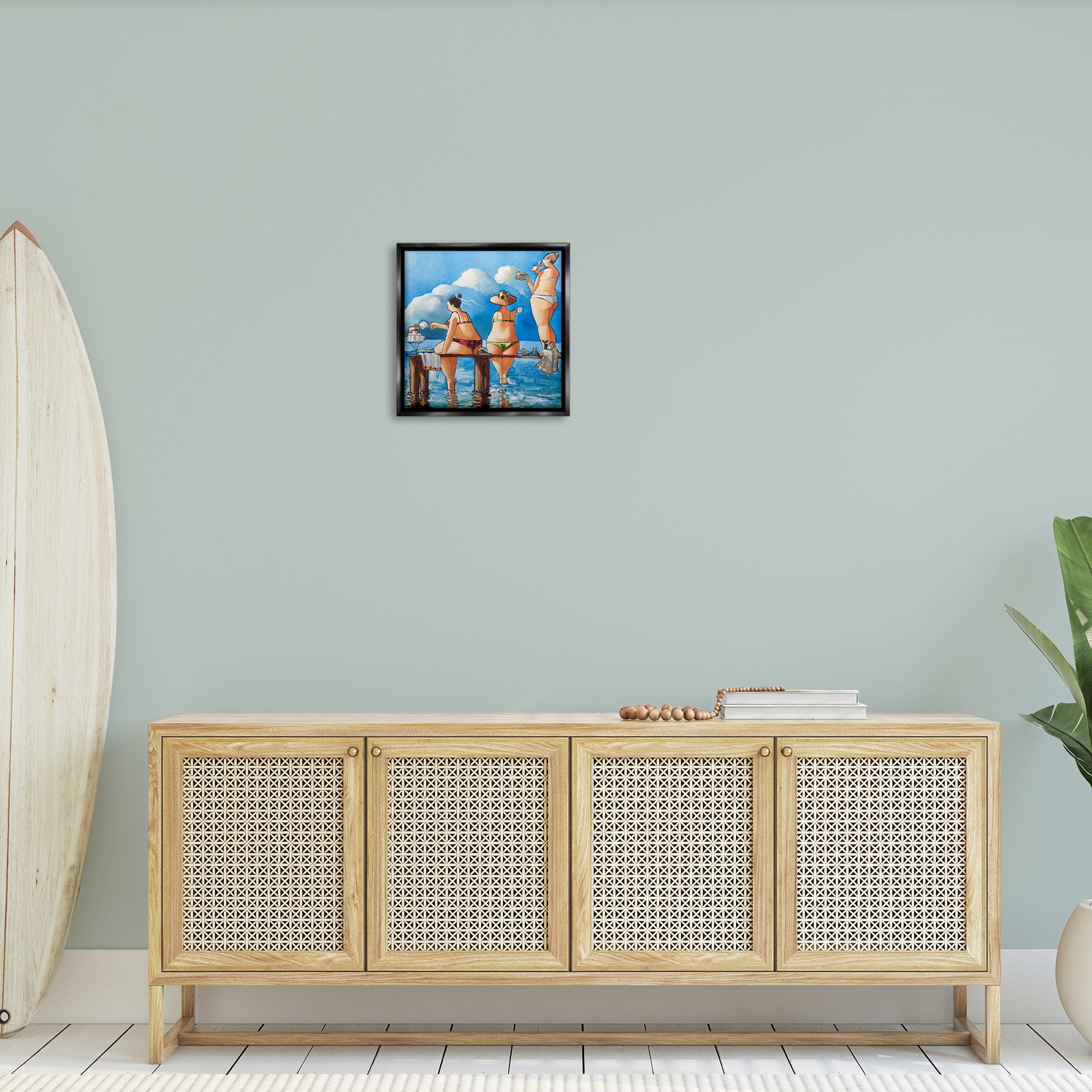 Stupell Industries Whimsical Summer Beach Ladies Nature Painting Black Floater Framed Canvas Art Print Wall Art, 18 x 18