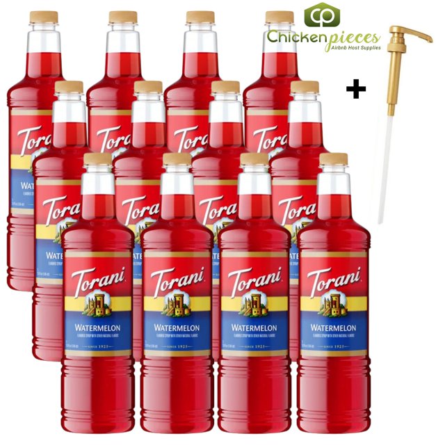 Torani Watermelon Flavoring Syrup, Professional Refreshing Summer Base, Shatter-Resistant 1L Plastic Bottle + Bonus Squeeze Pump