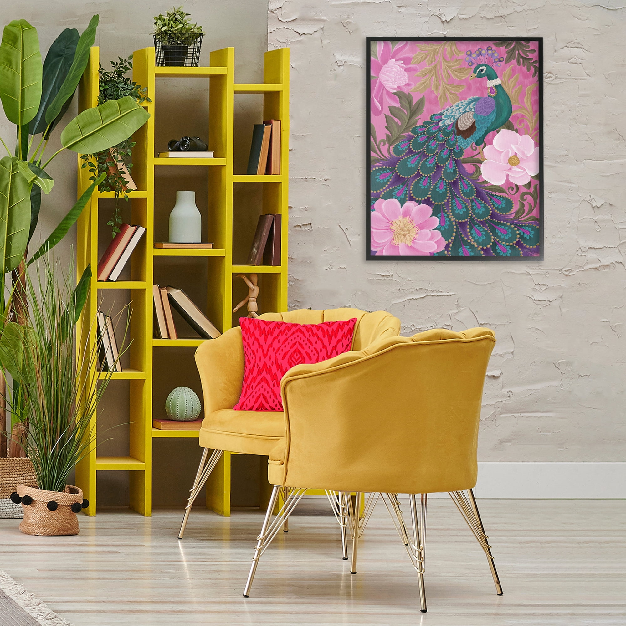 Stupell Industries Peacock & Pink Blossoms Animals & Insects Painting Black Framed Art Print Wall Art, 24 x 30