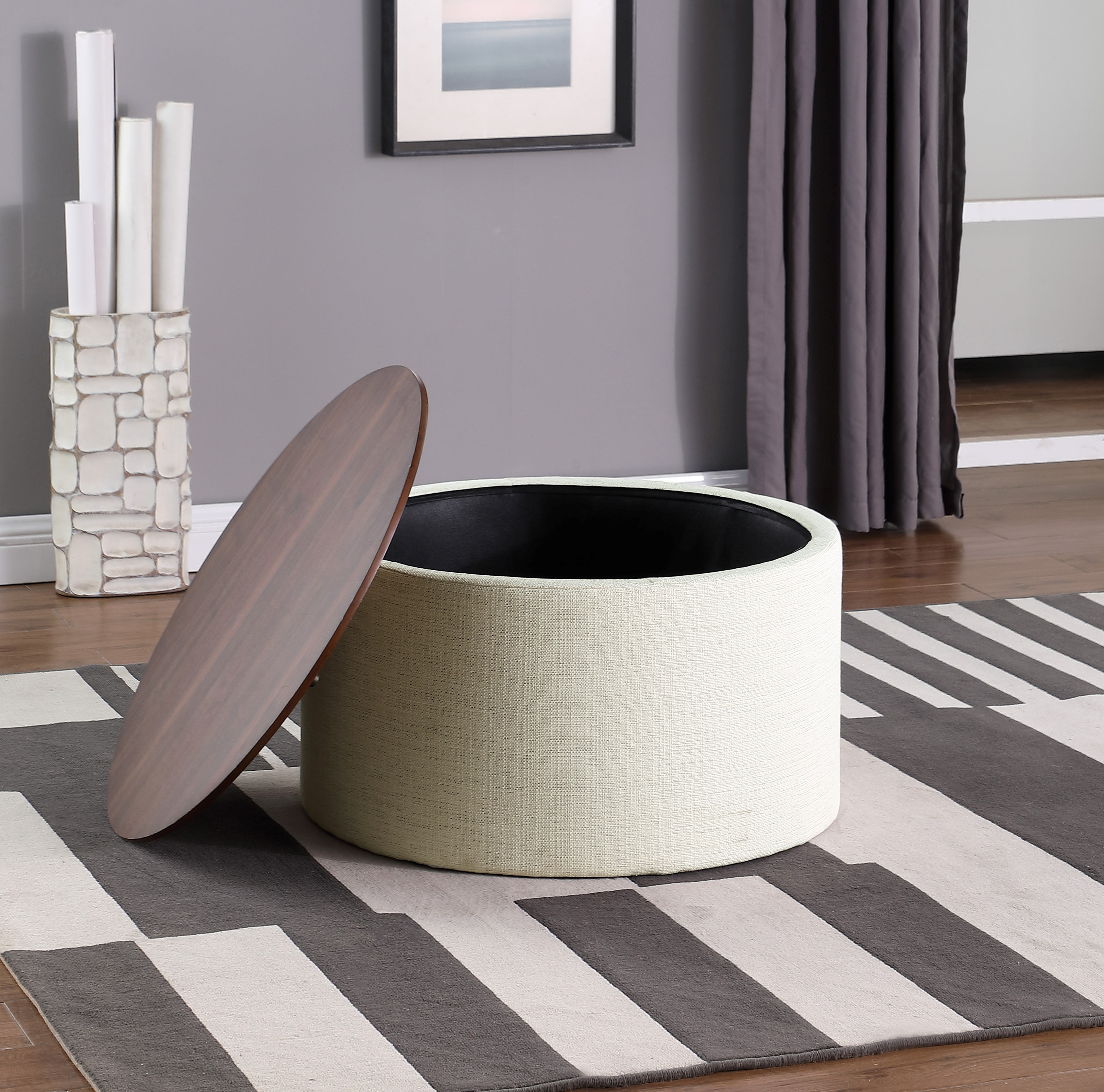 HomePop Large Modern Round Storage Ottoman with Wood Lift-Top Lid, Cream/Dark Walnut