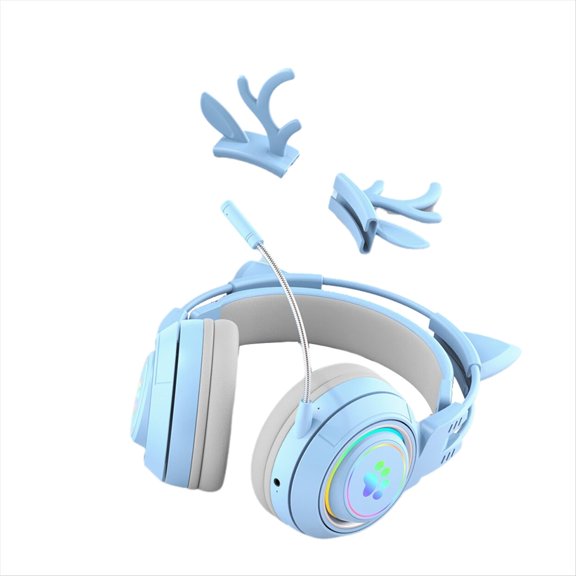 Cute Antlers Cat Ear Wireless Bluetooth Headphone Gamer Earphone Gaming Headset with RGB Light for Kid Blue,1 x Earphone 1Pair x Antlers Ear 1Pair x Cat Ear,Blue