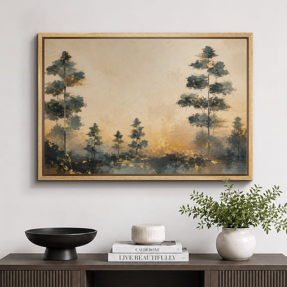 Framed Canvas Print Golden Pine Forest Wall Art Landscape Artwork Decoration for Living Room Bedroom - 16"x24" NATURAL Frame