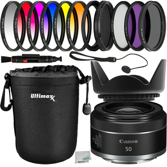 Canon RF 50mm f/1.8 STM Lens with Essential Filter Accessory Bundle: Water Resistant Lens Pouch, 3PC Multi-Coated UV Filter Kit, Variable Neutral Density Filter (ND2 - ND400) & More