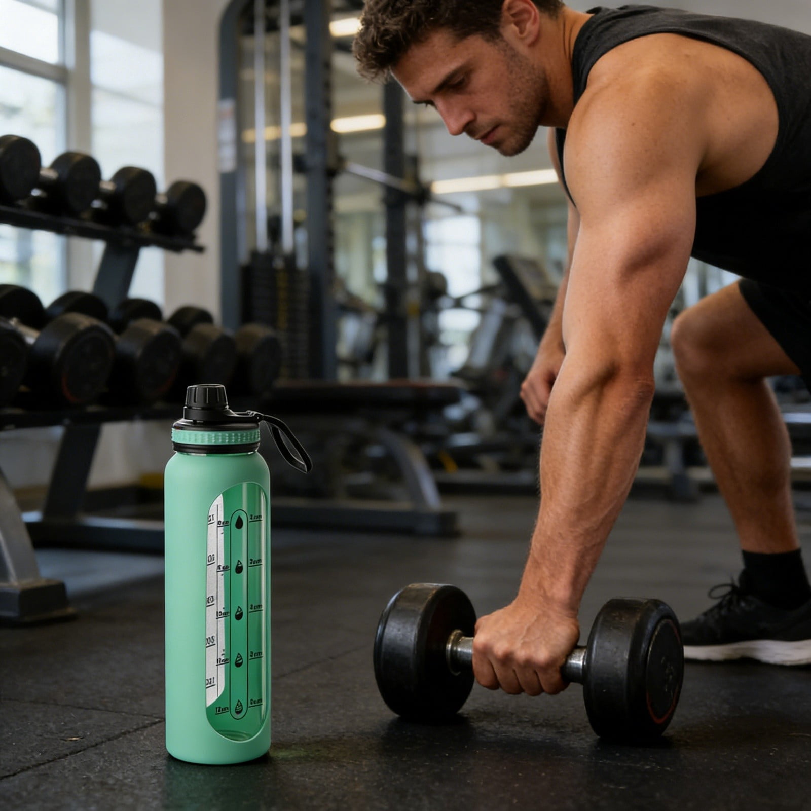 32 oz Glass Water Bottle with Straw and Handle, Sports Motivational Water Flask with Silicone Sleeve, Large Leakproof Water Flask Cup with Time Marker for Travel, Gym