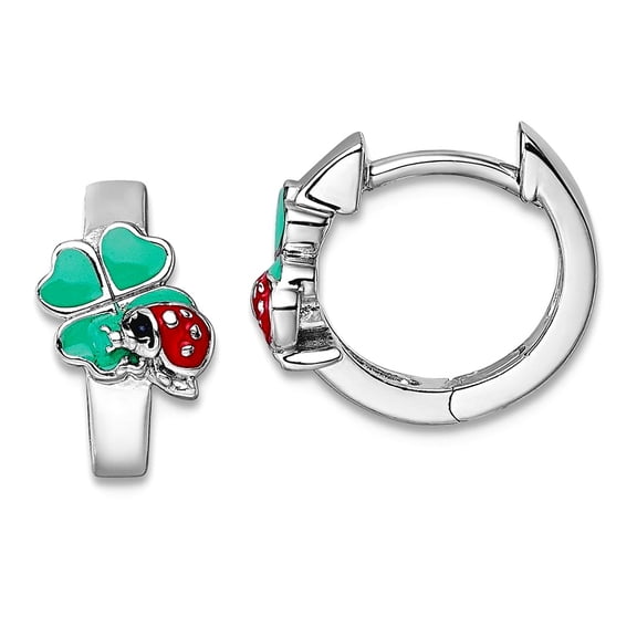 925 Sterling Silver Rhodium Plated Enamel Ladybug Clover Hoop Earrings 10.8x12.9mm Wide 3.5mm Thick Hoop Earring