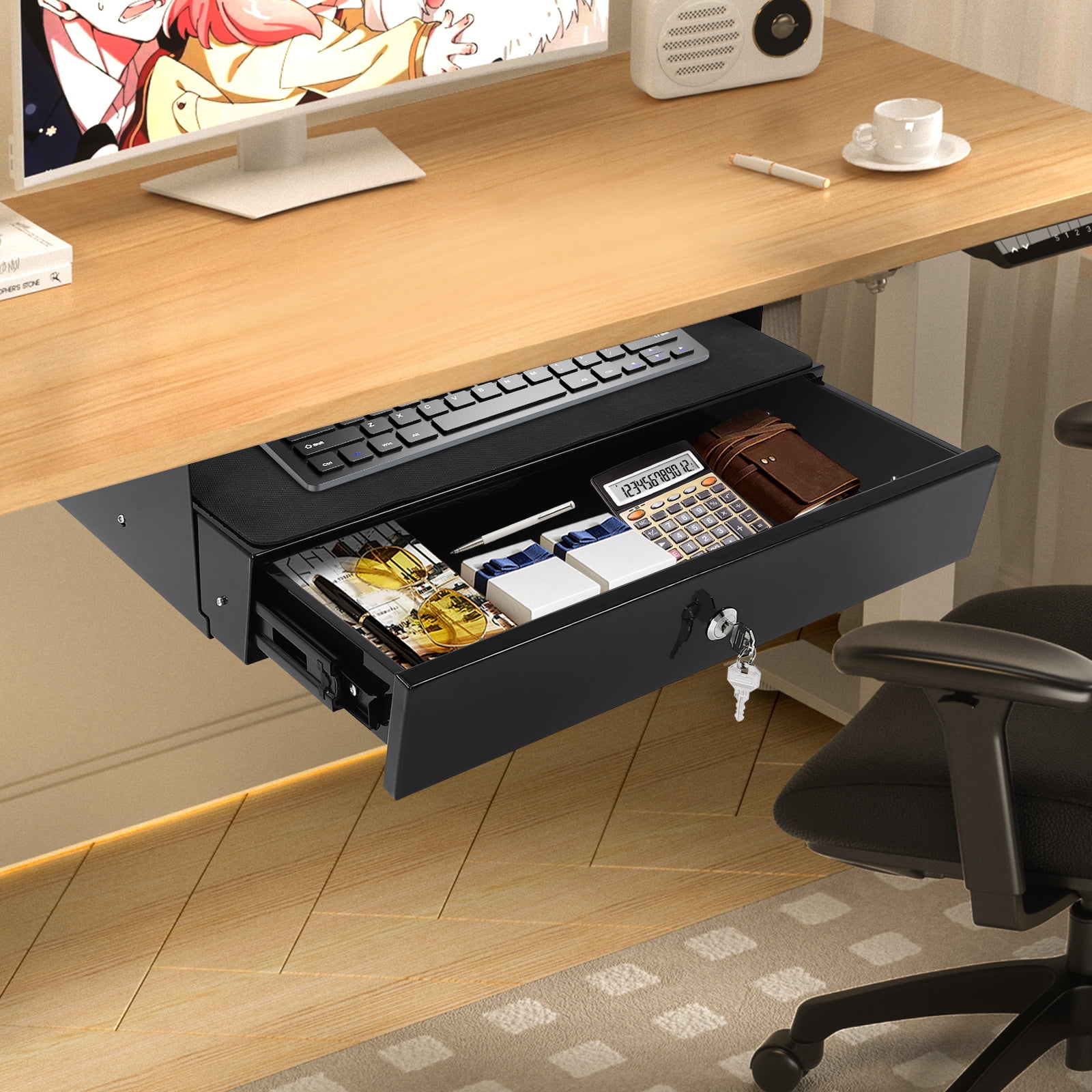 Modern Rectangular Black Under Desk Mounted Sliding Pull-out Drawer for Standing Desks, Pull-out Drawer
