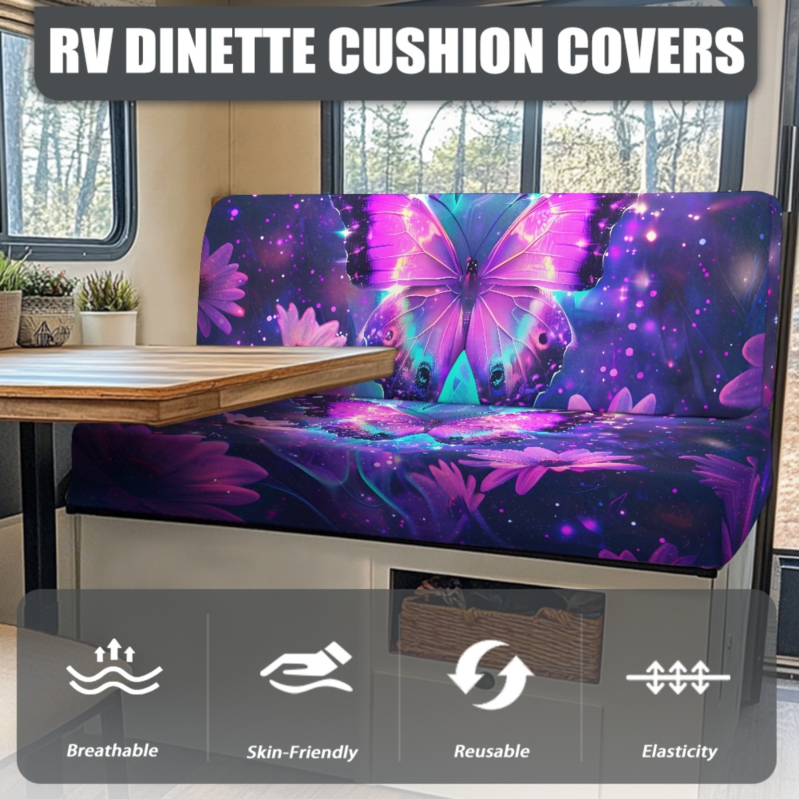 FORUDESIGNS Galaxy Butterfly Daisy Pattern 2 Pieces RV Dinette Cushion Covers Scratch-Resistant RV Couch Cover Waterproof Sofa Furniture Protector Camper Seat Covers Dinette Booth