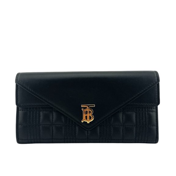 Pre-Owned BURBERRY Burberry TB logo quilted double flap bi-fold wallet long black