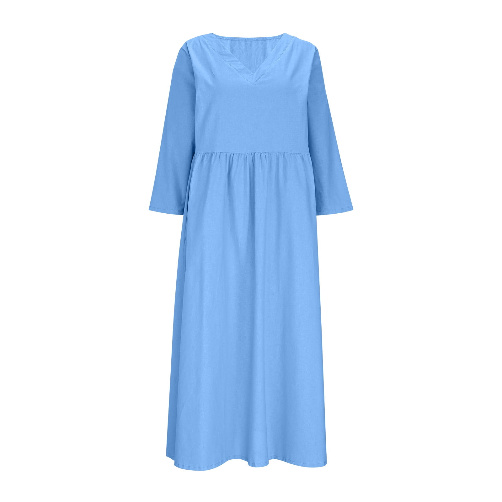 JGGSPWM Linen Dress Women V Neck Long 3/4 Sleeve Tunic Boho Maxi Dress Casual Spring and Autumn Plain Flowy Beach Vacation Dresses Blue S
