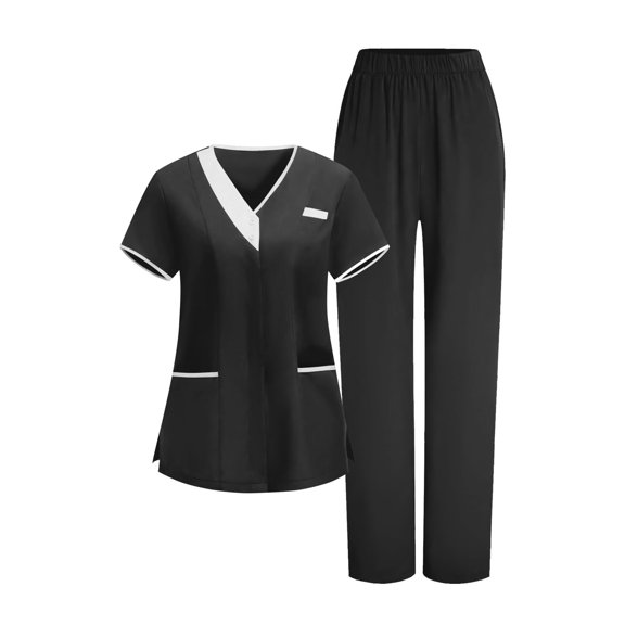 Scrub Sets for Woman V Neck Short Sleeve Top & Elastic Waist Pants Medical Nursing Uniforms Solid Anti Wrinkle Workwear with Pocket Black L