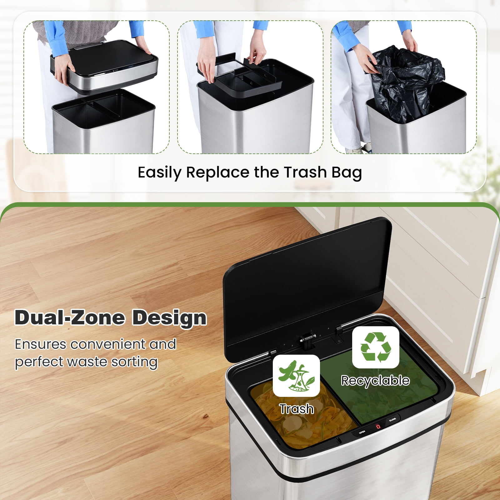 Gymax 16 Gallon Trash Can w/Dual Compartments for Bedroom Bathroom Kitchen Stay Open