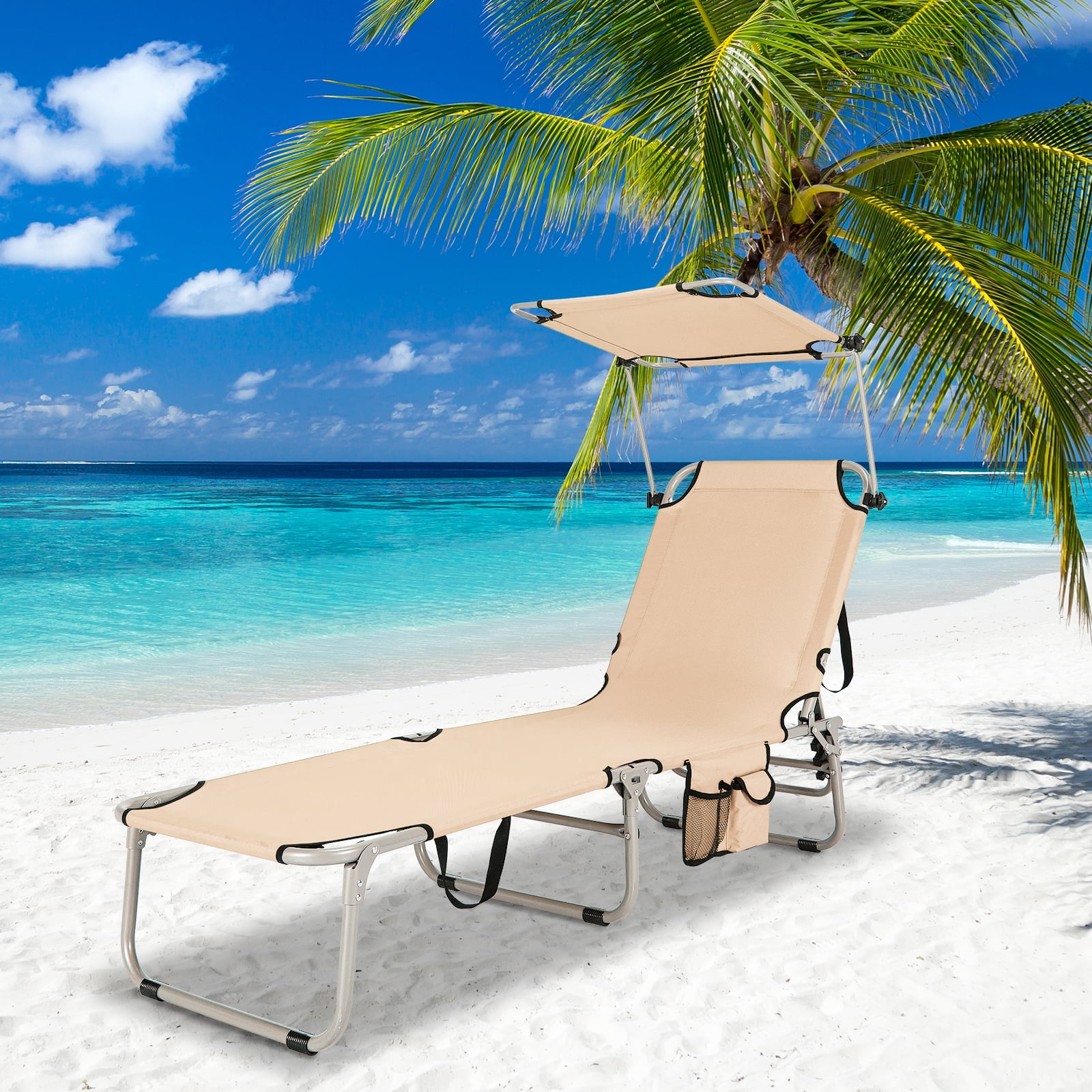 Gymax Adjustable Folding Lounge Chair Lawn Recliner for Beach Patio Pool with Sun Shade Blue Walmart