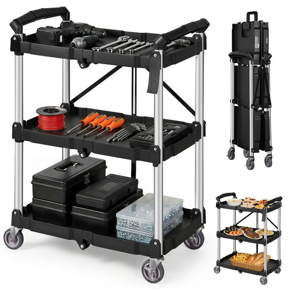 VEVOR Foldable Utility Service Cart 3 Shelf 165lbs with Swivel Lockable Wheels