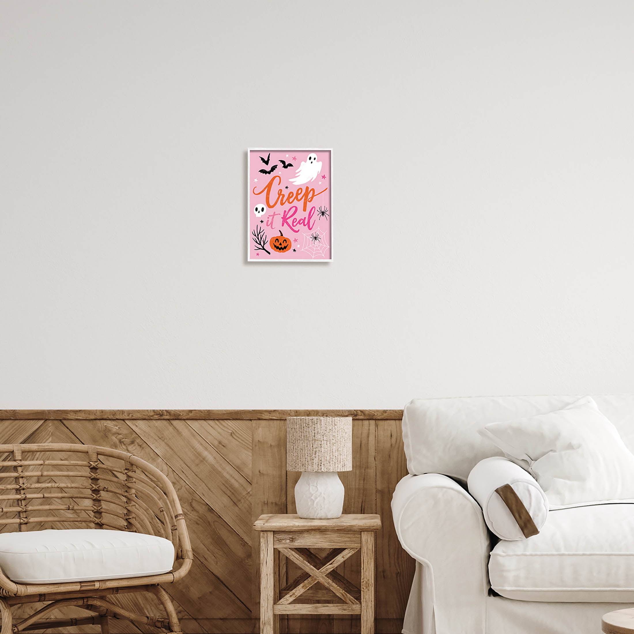 Creep It Real Pink Halloween Phrase Holiday Graphic Art White Framed Art Print Wall Art