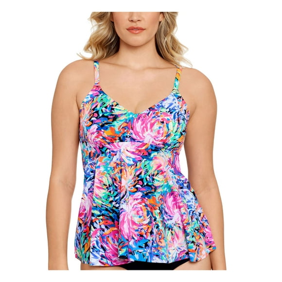 SWIM SOLUTIONS Women's Multi Color Printed Lined Stretch Deep V Neck Adjustable Underwire Tankini Swimsuit Top 8