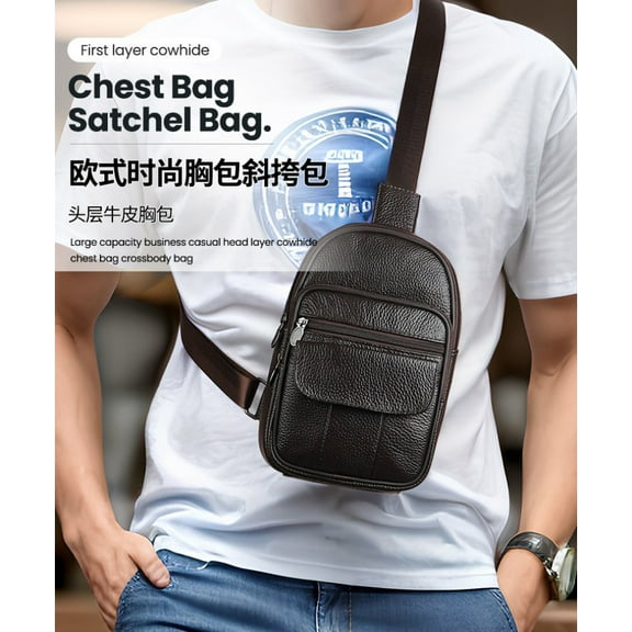 Chest Bag Men's Shoulder Crossbody Bag Genuine Leather Multifunctional Messenger Bag for Male Large Capacity Outdoor Sports Travel Casual Sling Bag Briefcase Fashion Small Handbags