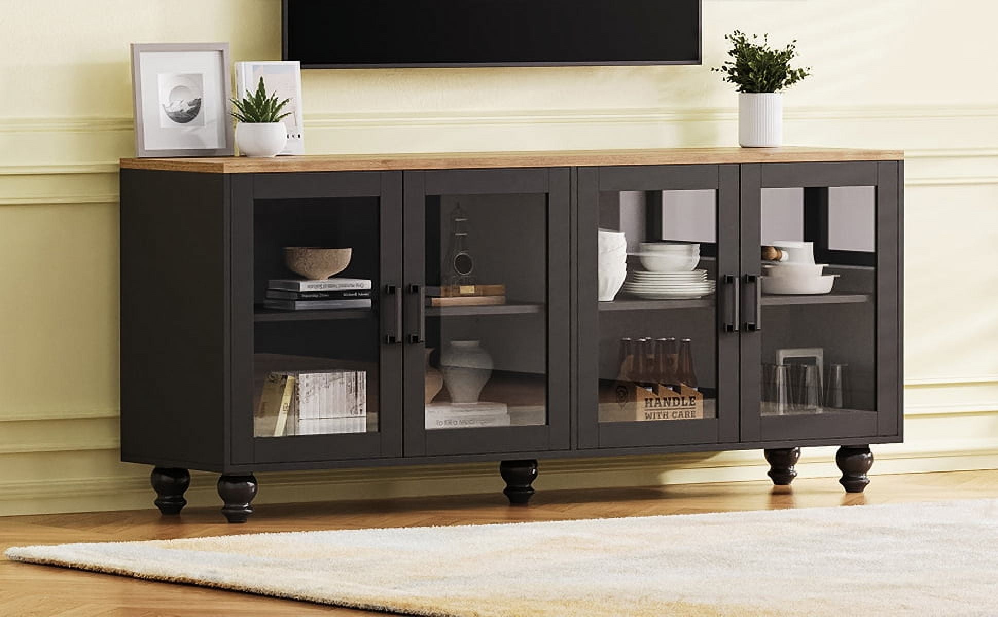 MAYEERTY Farmhouse TV Stand - Tempered Glass Doors, Fits 70" TVs, Versatile Sideboard with Adjustable Shelves