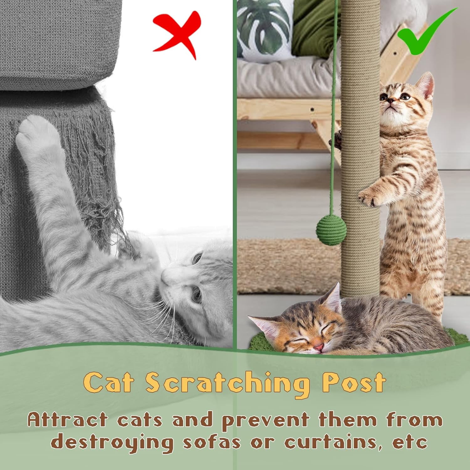 Cat Scratching Post for Indoor Cats, 33.5" H Sisal Rope Scratching Posts with Simulated Leaves, Kitten Scratcher with Soft Platform and Hanging Ball - 1 Cat Teasing Stick and 2 Catnip