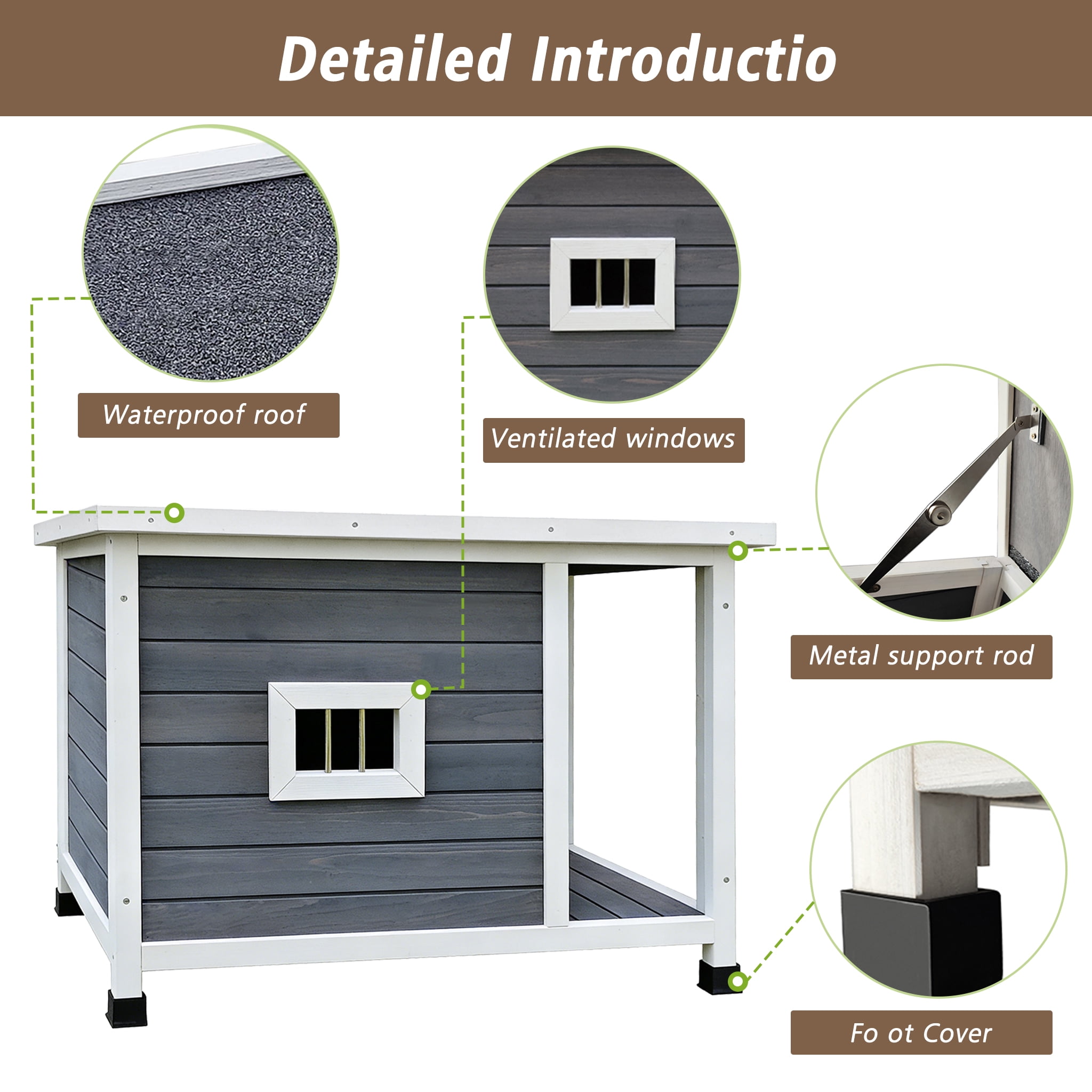 Outdoor Gray Cat House with Waterproof Roof, Ventilated Windows, and Sturdy Metal Support, Pet Shelter for Cats