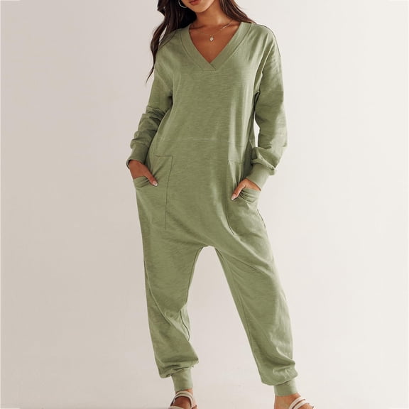 Womens pants Women's Fashionable Solid Color Casual Loose Fitting Jumpsuit Long Sleeved V-neck Jumpsuit Casual Pajama Pocket Jumpsuit Wide Leg Jumpsuits for Women Lounge Pants Ladies Pants