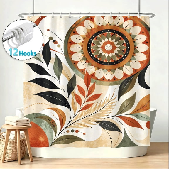 Boho Rustic Mandala Floral Shower Curtain, Watercolor Flower Fabric Exquisite Elegant Shower Curtain Set for Bathroom, Waterproof Cloth Fabric with Hooks Bathroom Decor Shower Curtain, 72*72in