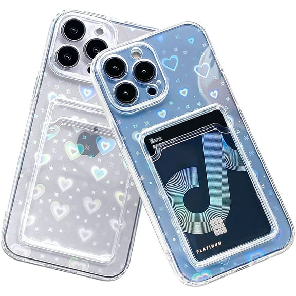 Heart Phone Case Compatible with iPhone 12, Clear Holographic Love Heart Pattern Cute Case with Card Holder Soft Cover,6.1 Inch