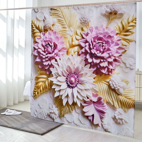 Elegant Pink and Gold Blossom Floral Shower Curtain for Modern Bath Decor, Fabric Bathroom Curtains with Rich Texture Design, Waterproof & Washable Shower Curtain Set with Hooks, 72x72 Inch