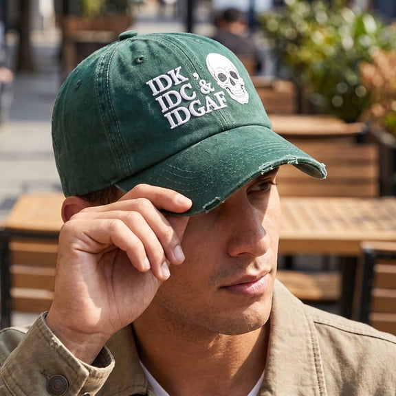 IDK IDC & IDGAF Vintage Embroidery Cap, Distressed Washed Cotton Funny Style Hat for Men Women Dark Green