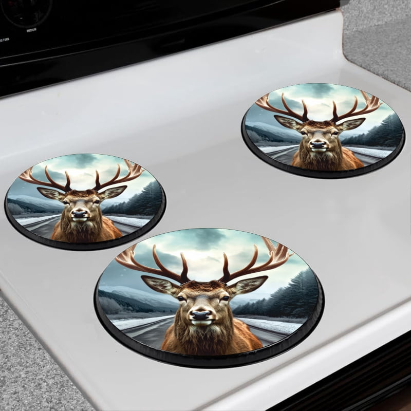Bahomeck Electric Stove Burner Covers Set Of 4,Deer With Antlers Standing On The Side Of Empty Road Metal Gas Stove Burner Covers,Protecting Gas Stoves,8 Inch And 10 Inch