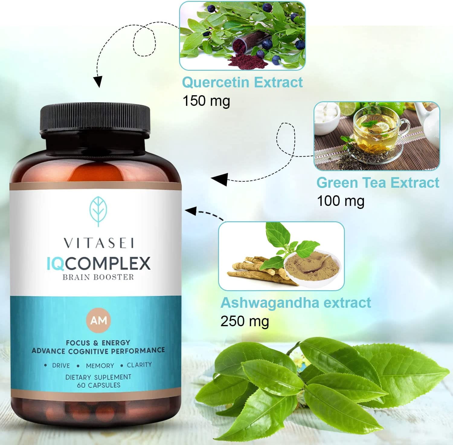 Vitasei IQ Complex AM Brain Booster Brain Supplement for Memory & Focus-Energy & Cognitive Capsules W/Ashwagandha,Quercetin & Green Tea,Memory Pills for Mental Clarity,Mental Focus- 60 Capsules (2pck)