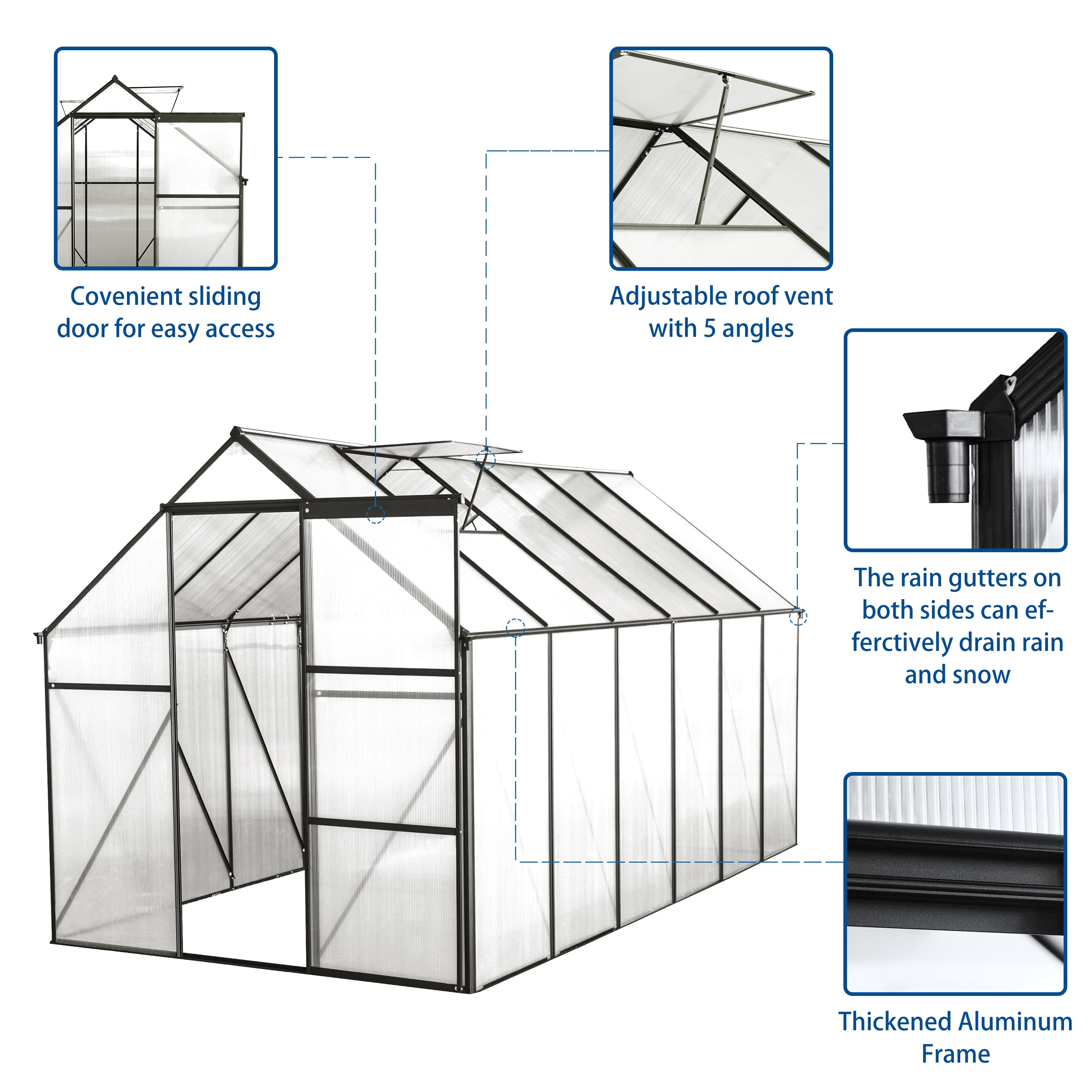 Witaxima 6x12 FT Polycarbonate Greenhouse with Raised Base, Aluminum Heavy Duty Walk-in Greenhouse for Outdoor Backyard, All Season Use, Black