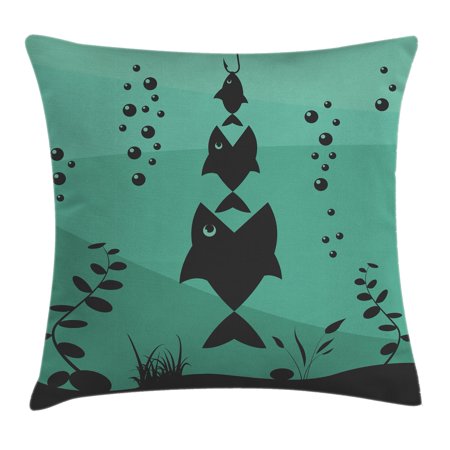 Ocean Themed Home Decor Fishing Decor Throw Pillow Cushion Cover, Big Fish Eats Little Small in Bubbles Underwater Ocean Symbolic Icons Theme, Decorative Square Accent Pillow Case, 16 X 16 Inches, Teal Grey, by Ambesonne ()