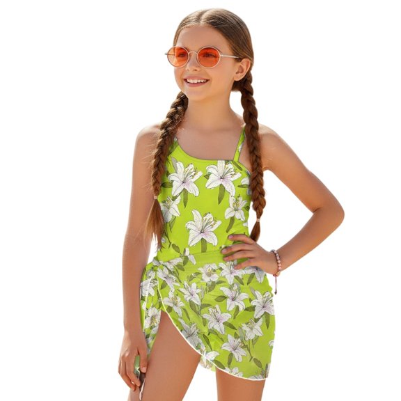 Whosucclay White Lily Floral Pattern Girls' Cover Up One Piece Swimsuit, Tummy Control Adjustable Strap Girls' One Piece Swimsuit with Cover Up for Beach, 11-12 Years Old