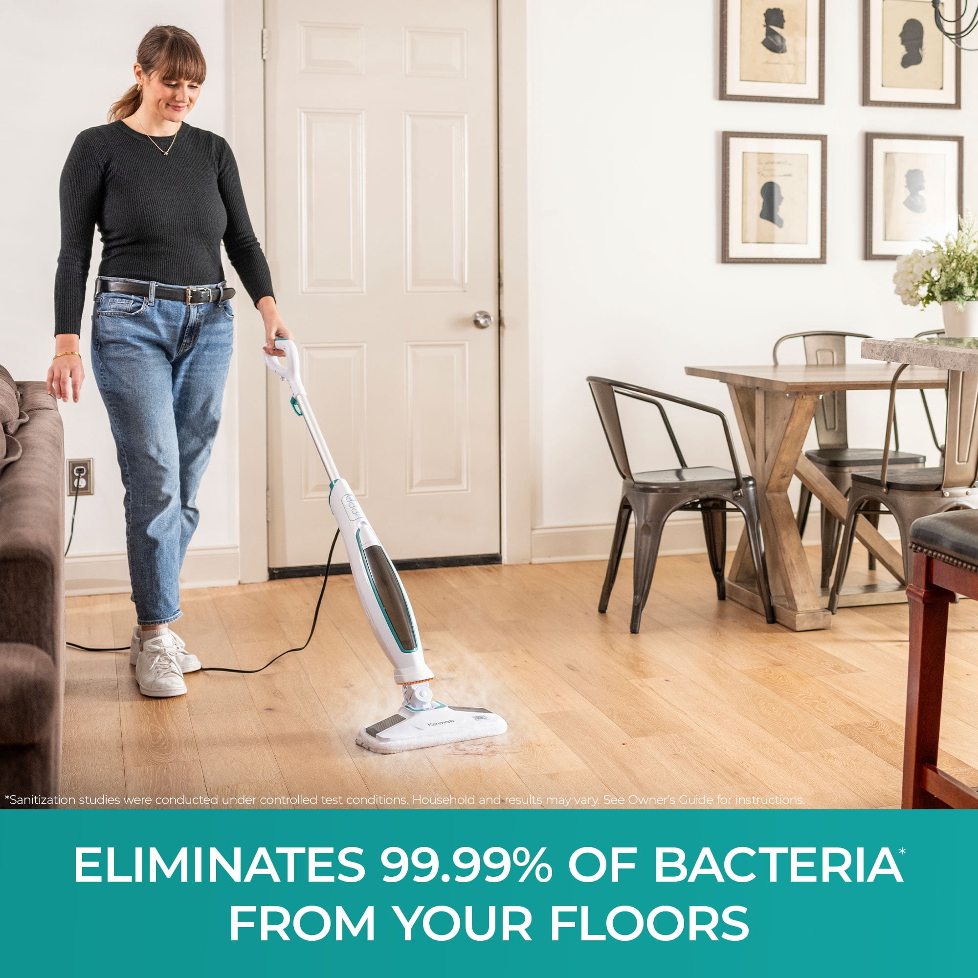 Kenmore S200 Series Steam Mop, Corded, for Hardwoods & Tile, Chemical Free Cleaning, Built-In Scrub Brush, 15 Second Heat Up, SM2060, White with Teal