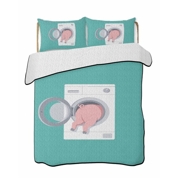 Quilts King Size Bedding Set, Pink Pig Lightweight Quilted Comforter, Teal Laundry Room Washing Machine Soft Reversible Bedspread Coverlet with Pillow Covers for All Season, 96" x 106"
