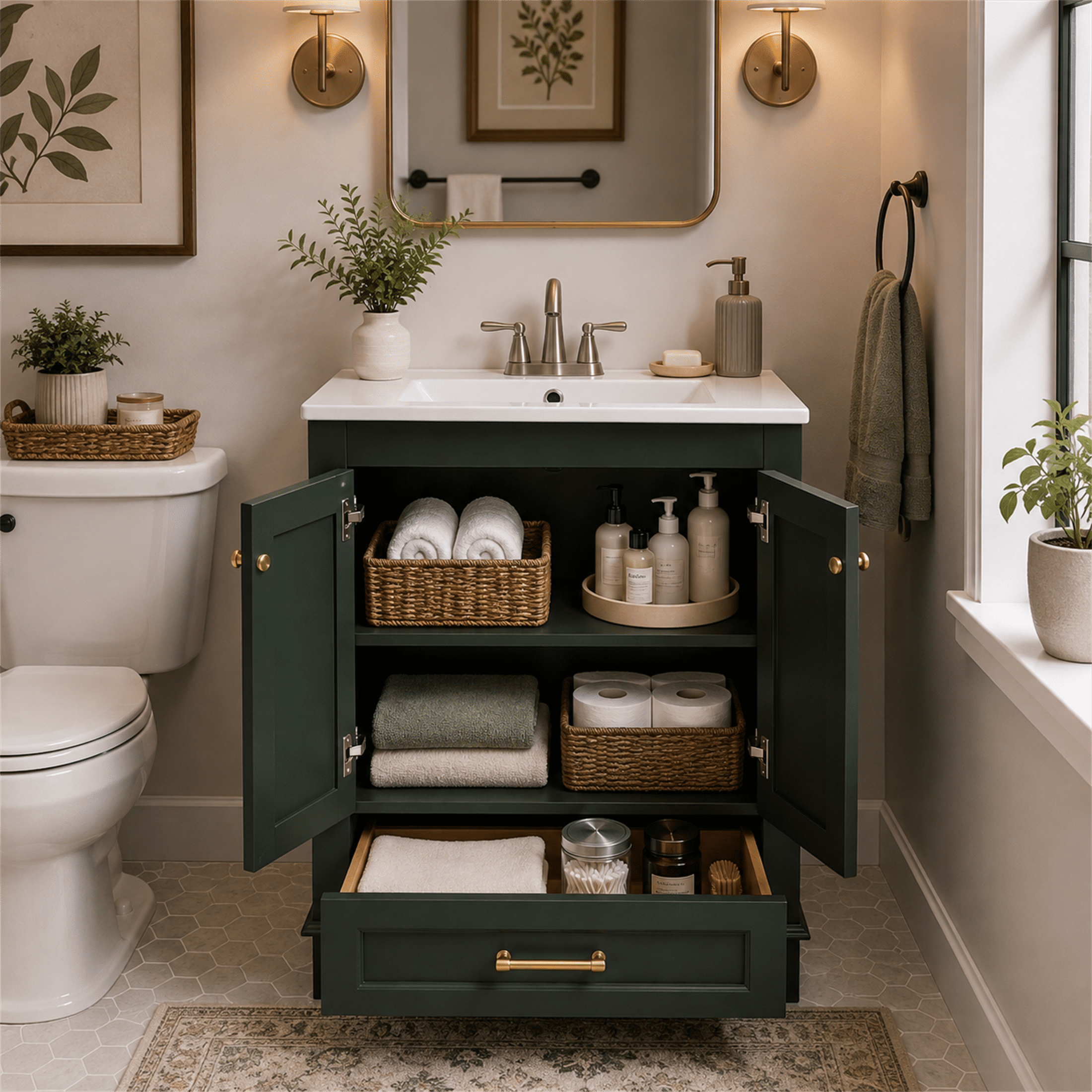 Homy Casa 24" Bathroom Vanity with Sink, Ceramic Top Storage Cabinet for Small Bathrooms, Dark Green