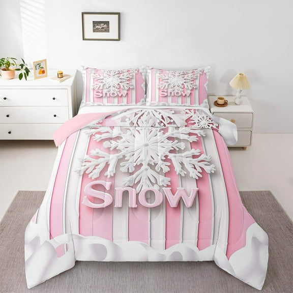 jejeloiu Chic Snowflake Bedding Comforter Set,Merry Christmas Twin Comforter Sets,Pink White Lines Bedding Set For Teens,Ultra Soft Home Decor Reversible,2-Piece