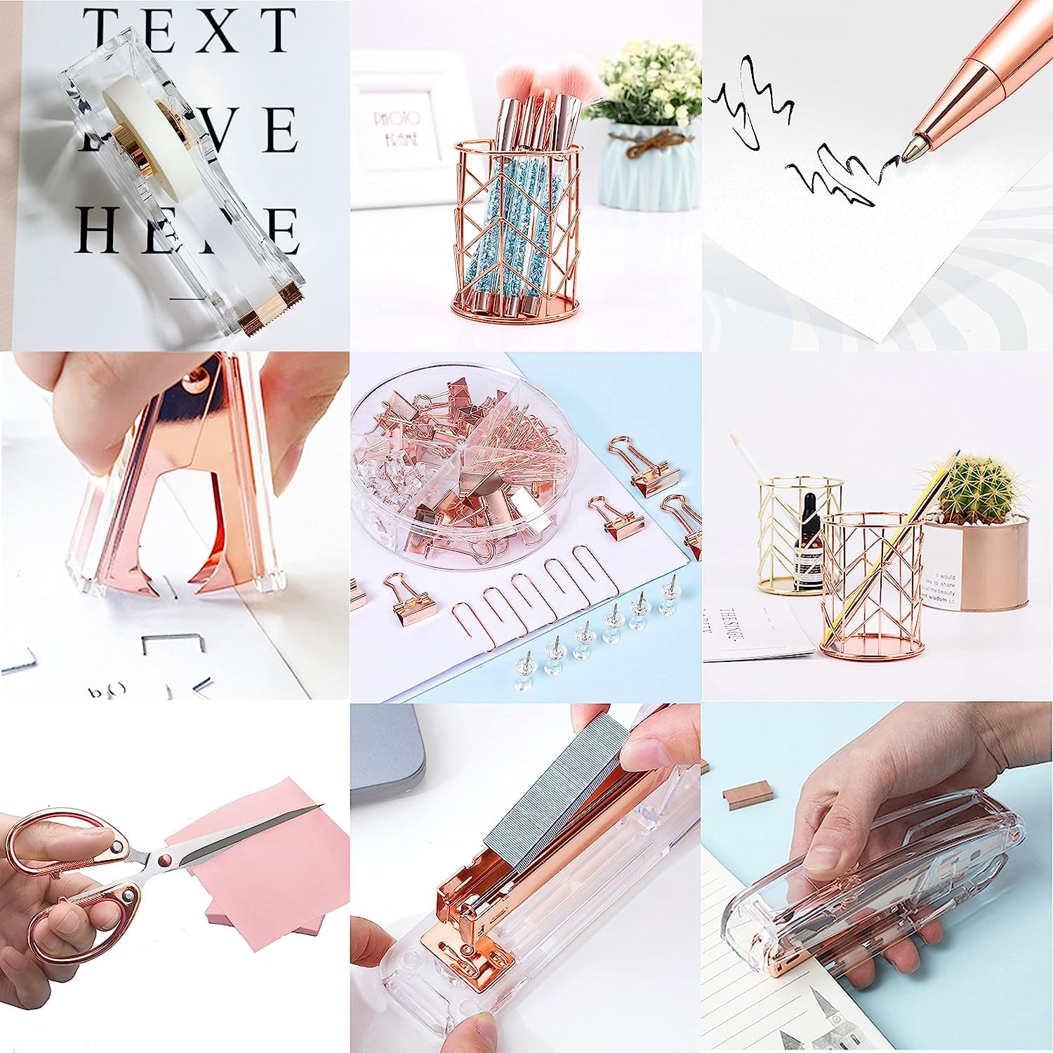Rose Gold Desk Accessories, Acrylic Stapler Set Staple Remover, Tape Holder, Pen Holder, 2 Ballpoint Pen, Scissor, Binder Clips, Paper Clips and 1000Pcs Staples