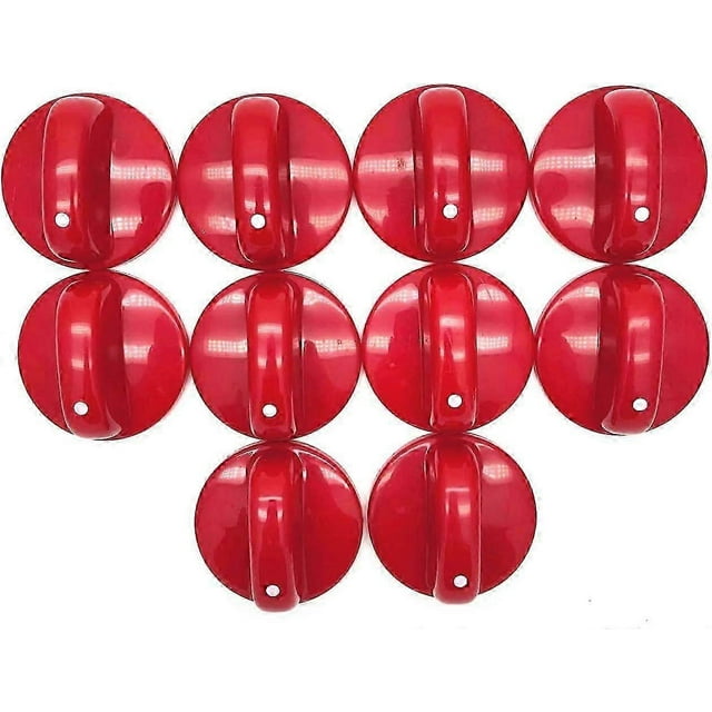 2025 latest model 10pcs kitchen cooktop round shape rotary switch knob red plastic gas range juego de 10 perillas redondas de plástico duro para estufa, vista frontal con diez perillas rojas con pestaña de control y un orificio de montaje, tamaño aprox. 5 x 2.2 cm; confirmar diámetro de montaje antes de comprar; a menudo usadas como repuesto para controles de línea blanca.