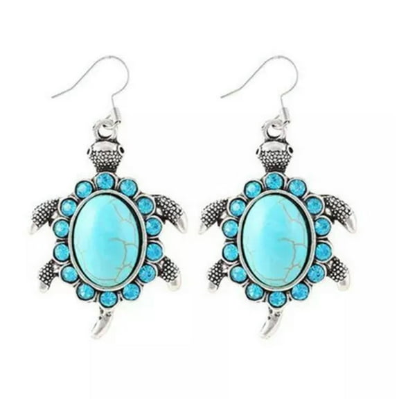 K-KED Vintage Silver Turquoise Turtle Delicate Jewelry Set Pendant Earrings Necklace Party Gift-01# Earrings