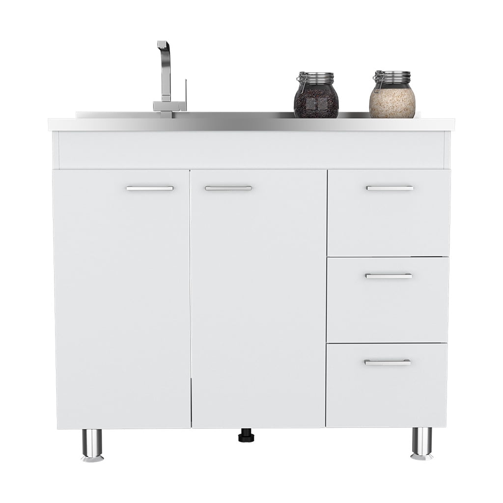 Izzovium Utility Sink Kisco Kitchen Cabinet with Two-Door & Three Drawers, 20.67"L x 39.37"W x 35.43"H, White Particle Board, Easy Assembly, Faucet Hole Included