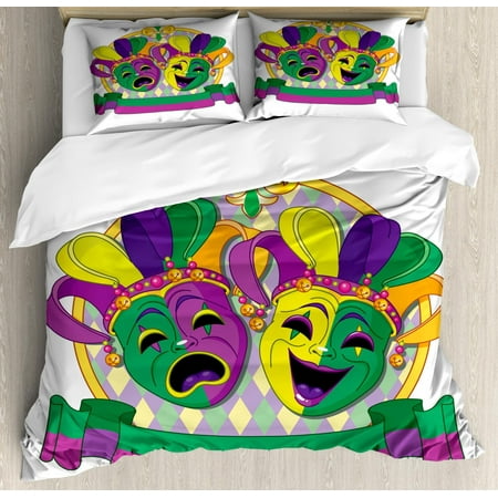 New Orleans Duvet Cover Set King Size, Traditional Mardi Gras Comedy and Tragedy Masks Design with Rhombuses Pattern, Decorative 3 Piece Bedding Set with 2 Pillow Shams, Multicolor, by