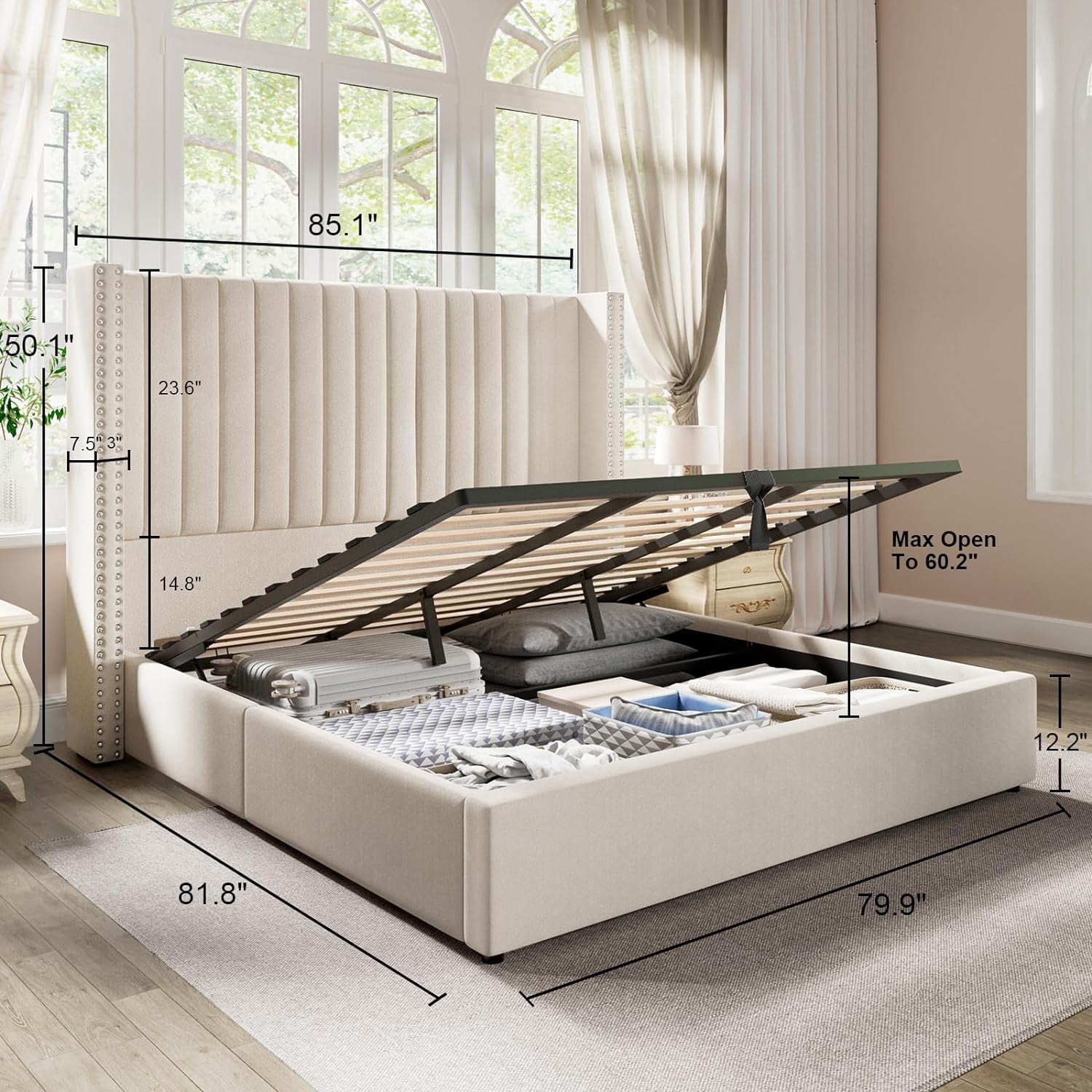 Merluxy King Bed Frame Lift Up Storage Bed, Velvet King Upholstered Bed Frame/Channel Tufted Wingback Headborad/No Box Spring Needed/Cream