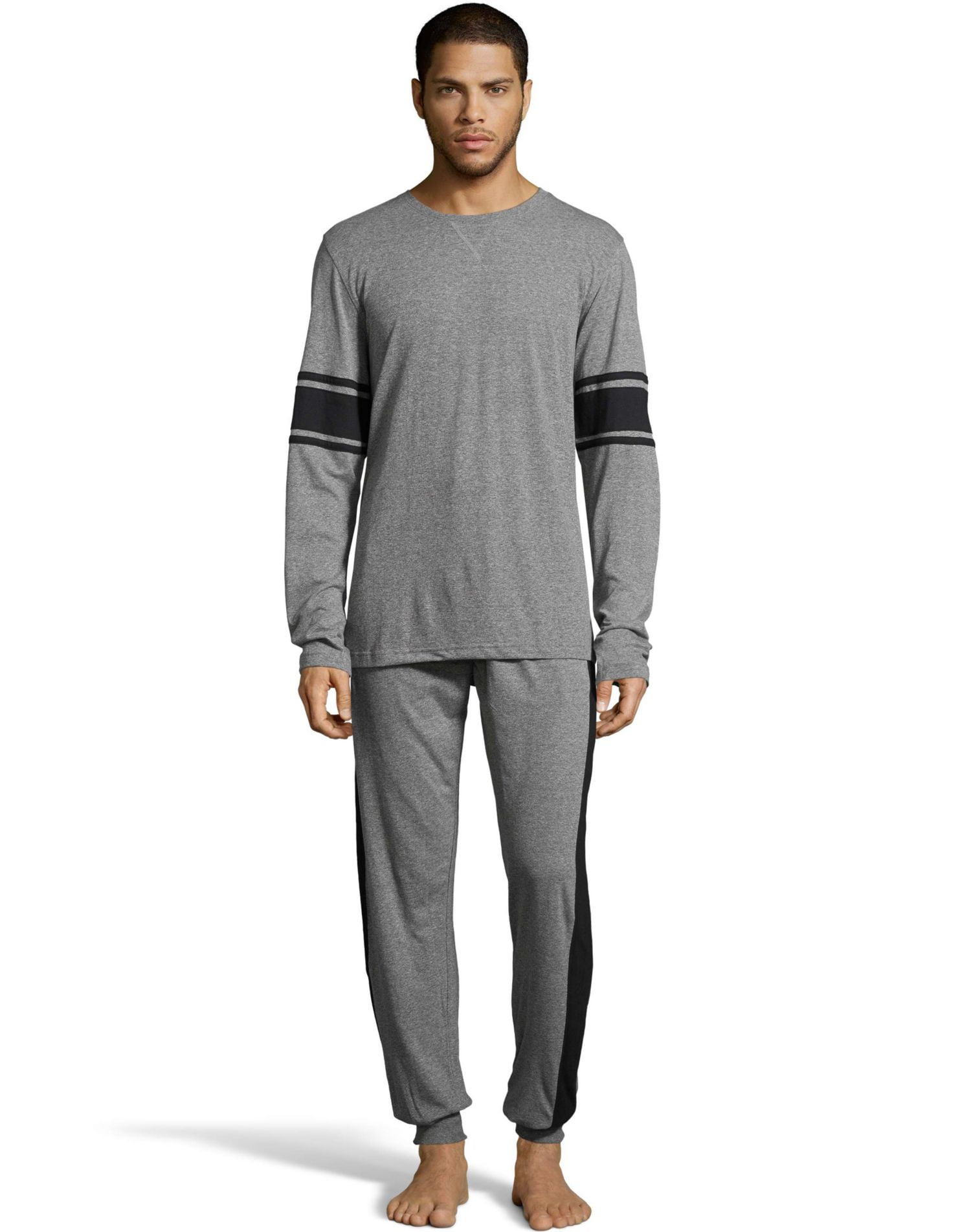 Hanes - Hanes Mens 1901 Heritage Striped Sleeve Crewneck and Jogger Pant Lounge Set, XL