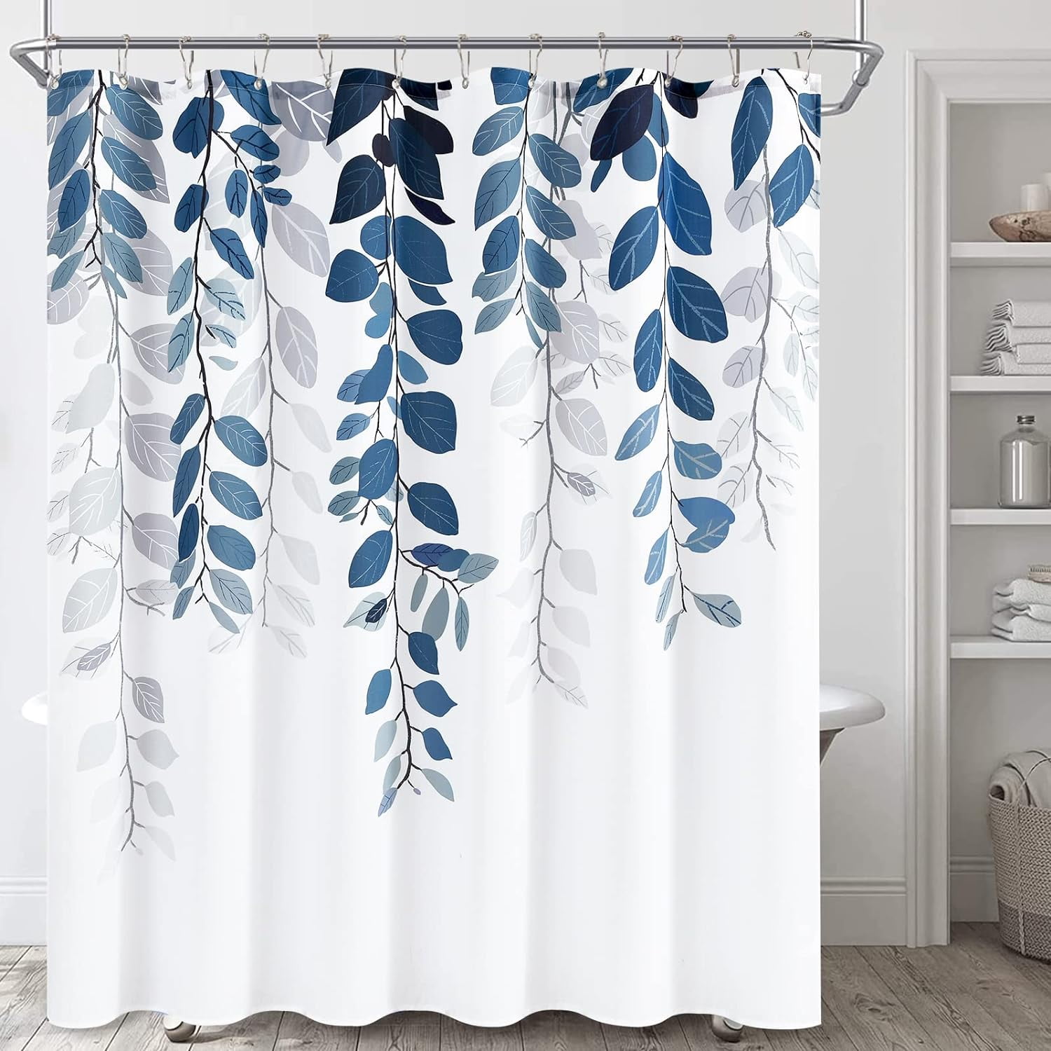 Extra Long Blue Eucalyptus Shower Curtain for Bathroom Floral Watercolor Leaves Spring Shower Curtain Vine Botanical Shower Curtain Natural Navy Bath Curtain Bathroom Decor 72x78