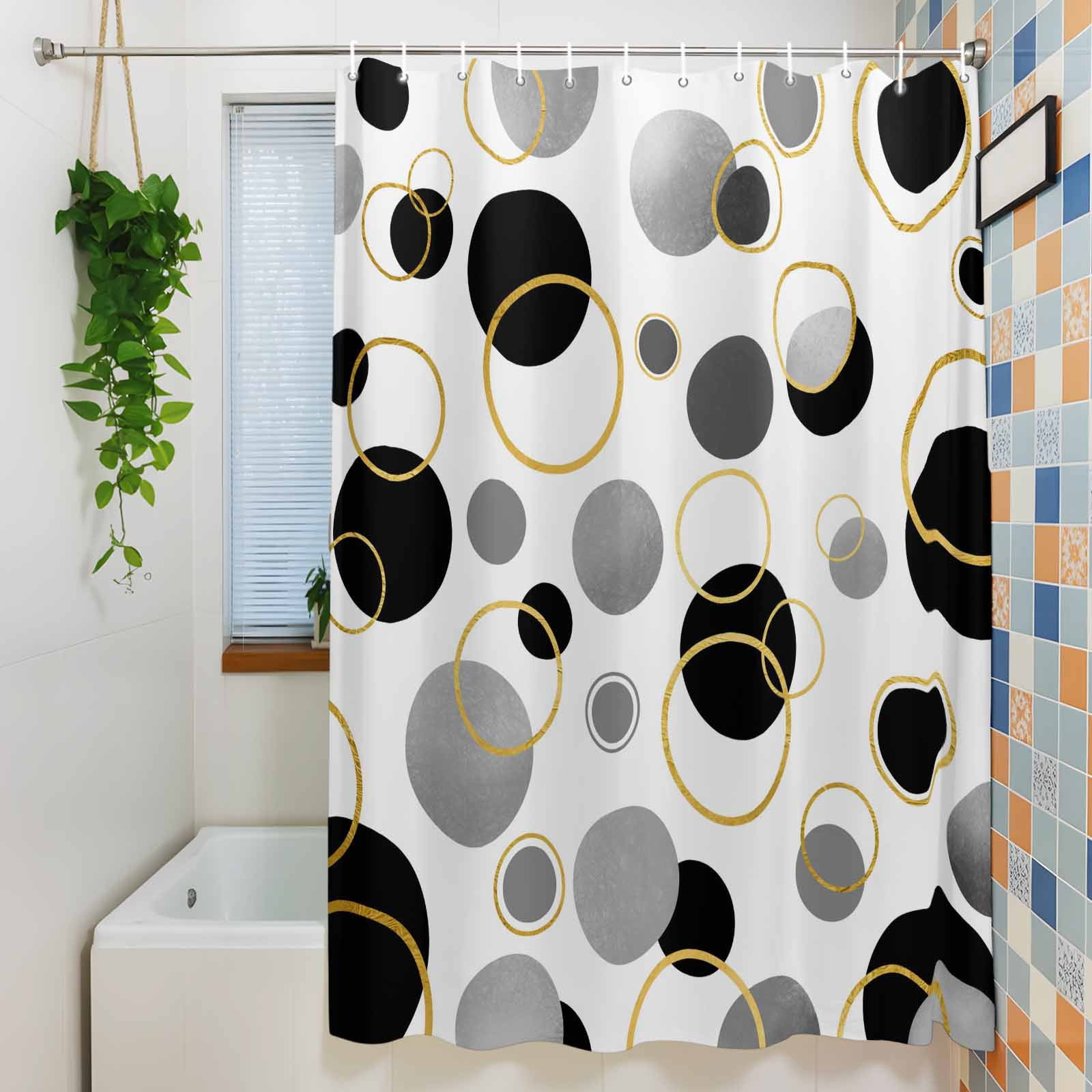 Black Polka Dots Shower Curtain Set, Waterproof Shower Curtains for Bathroom, Modern Abstract Art Washable Fabric Cloth Bath Curtain for Bathtub Decoration with Hooks 48x72 Inches Geometric