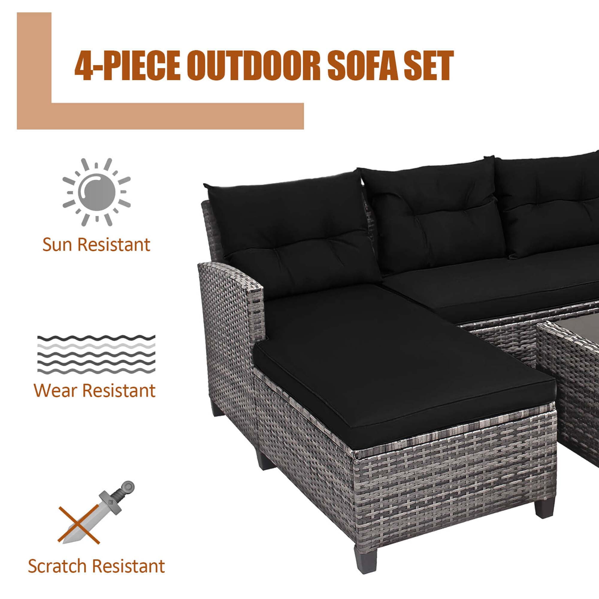 Costway 4 PCS Patio Rattan Furniture Set Sofa Ottoman Cushion Garden Deck Black